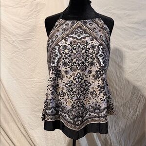 Tankini Halter Paisley Print Top in Black and Cream